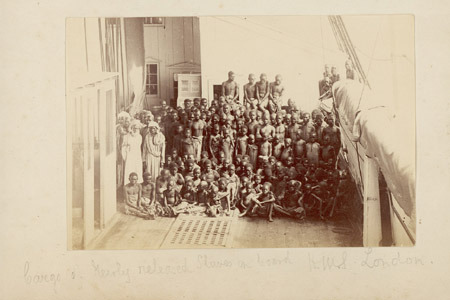 Cargo of newly released slaves on board HMS London, c. 1880